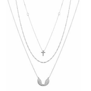 NWT Unwritten Cubic Zirconia Cross and Wing Layered Necklace Set - Silver